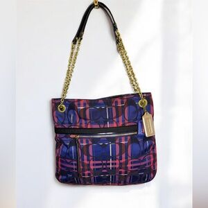 Coach Poppy Tartan Signature Navy/Pink Chain Tote handbag